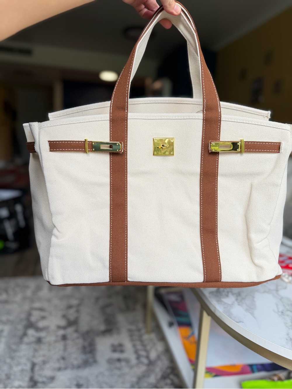 Canvas Tote with Brown Trim and Gold Hardware - Women Bags Totes